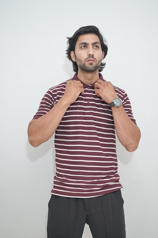 Aio Men's Striped Collar Polo Tshirt