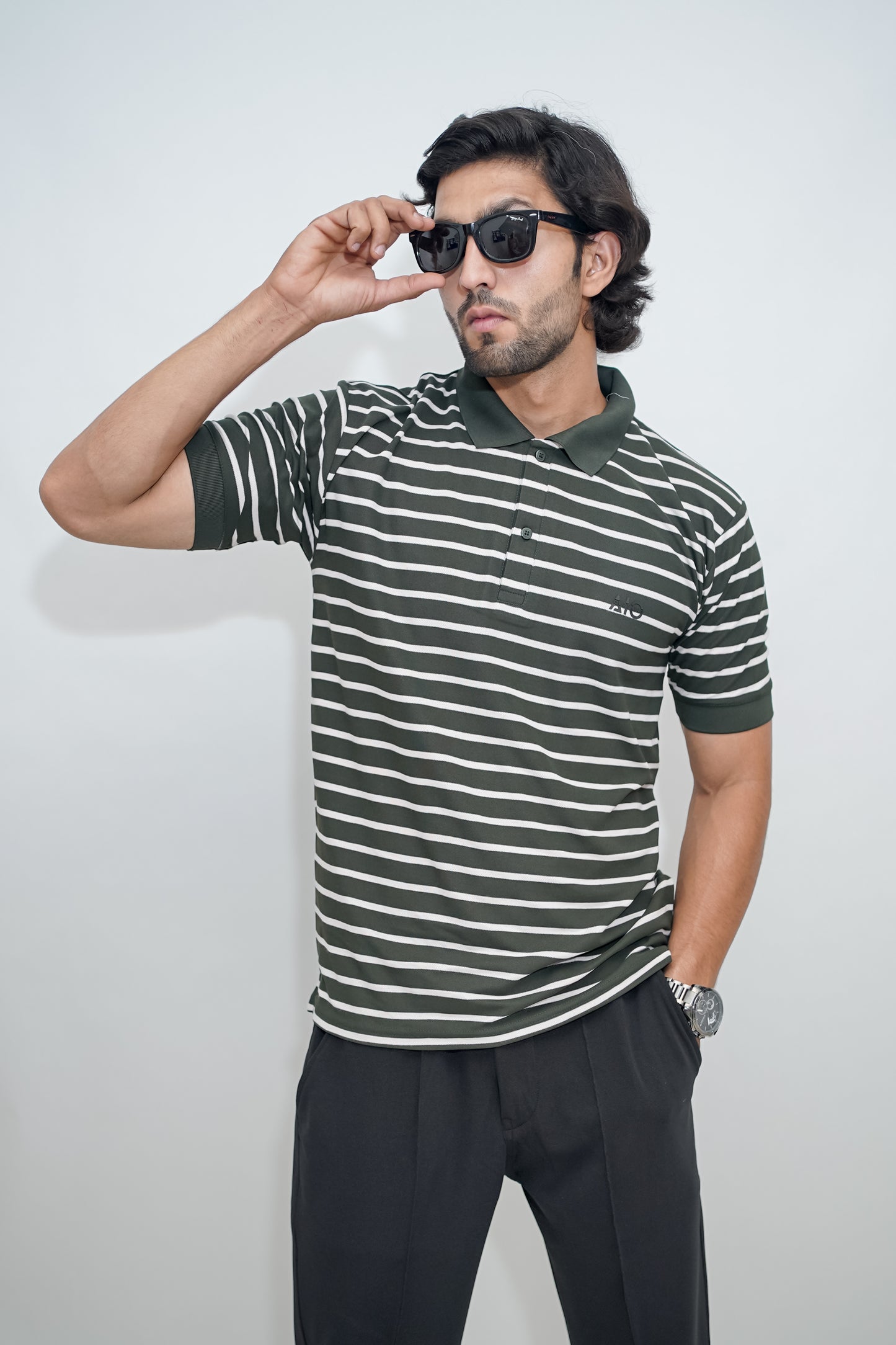 Aio Men's Striped Collar Polo Tshirt