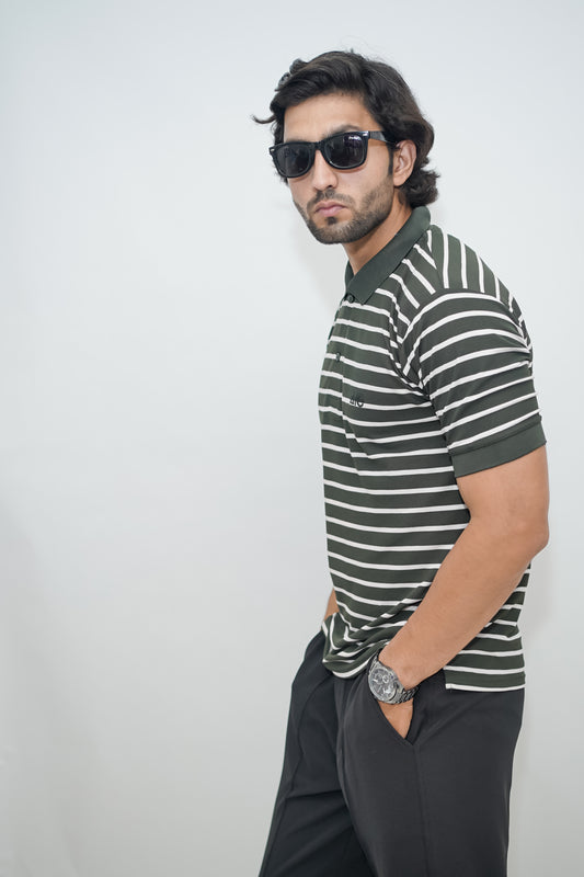 Aio Men's Striped Collar Polo Tshirt