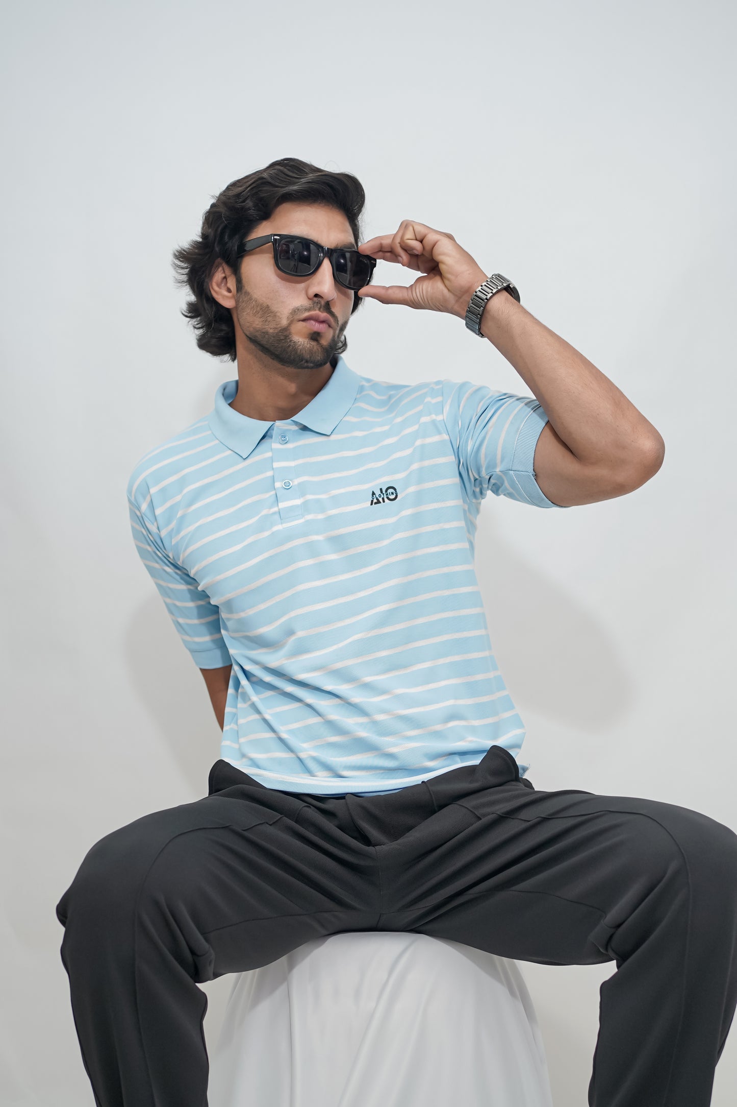Aio Men's Striped Collar Polo Tshirt