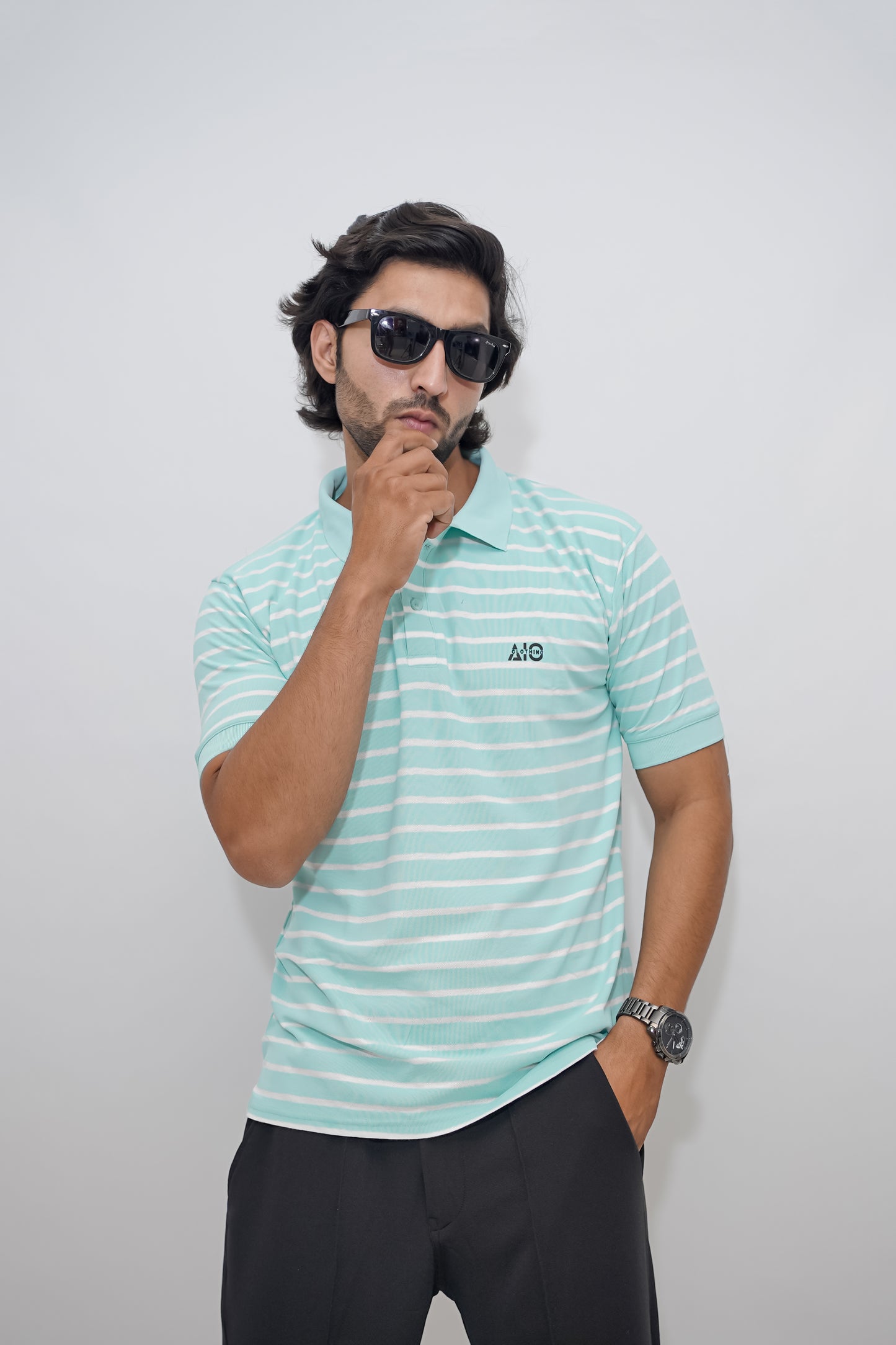 Aio Men's Striped Collar Polo Tshirt