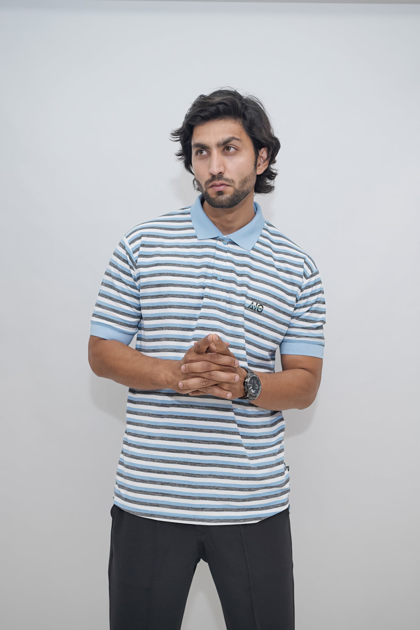 Aio Men's Striped Collar Polo Tshirt