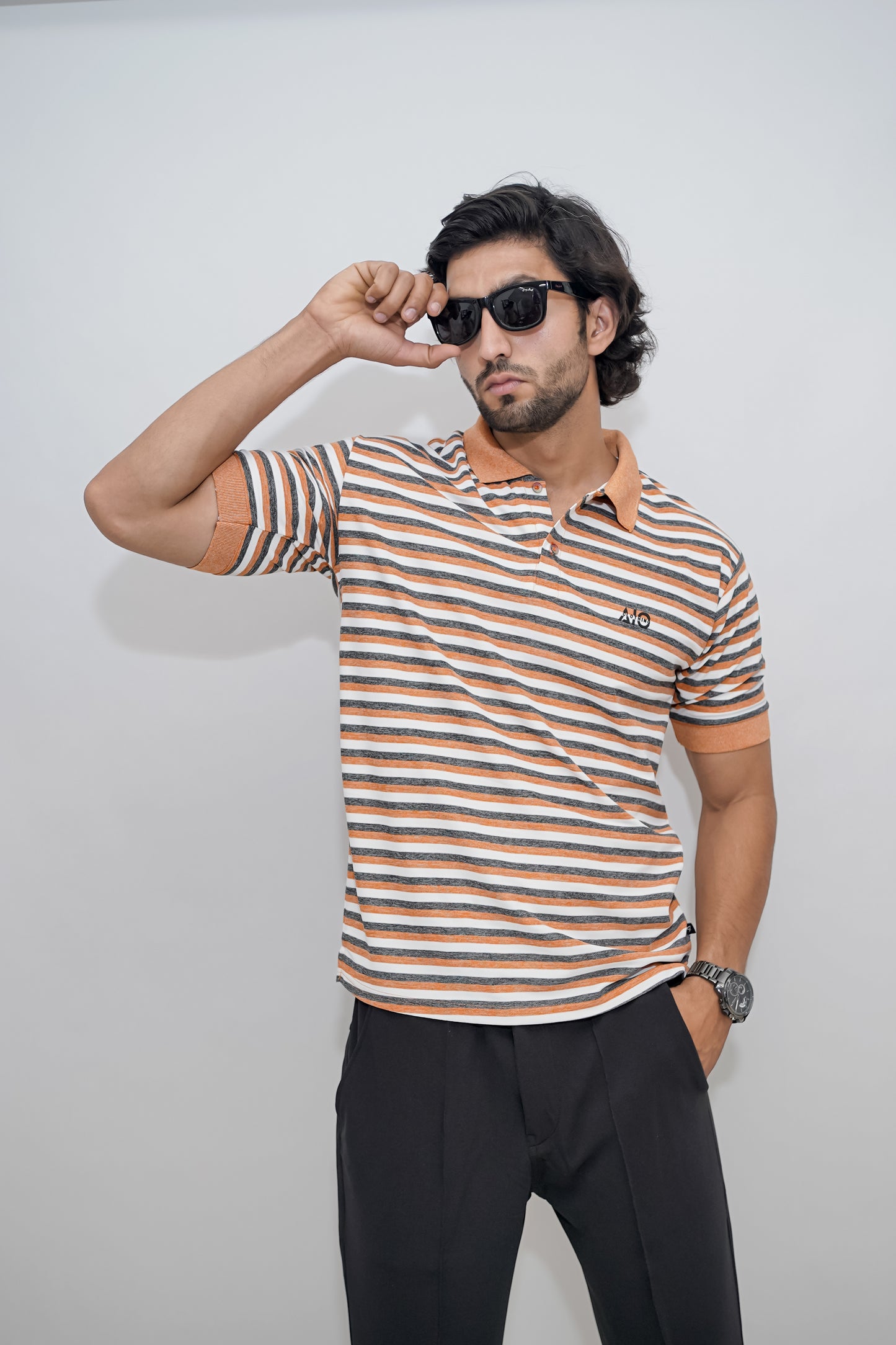 Aio Men's Striped Collar Polo Tshirt