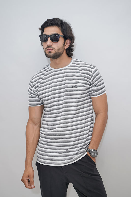 Aio Men's Striped Round Neck T-shirt