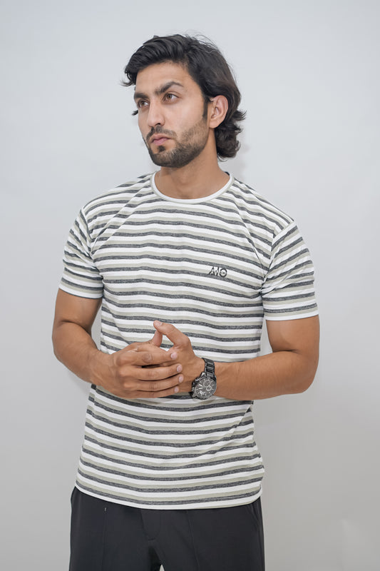 Aio Men's Striped Round Neck T-shirt